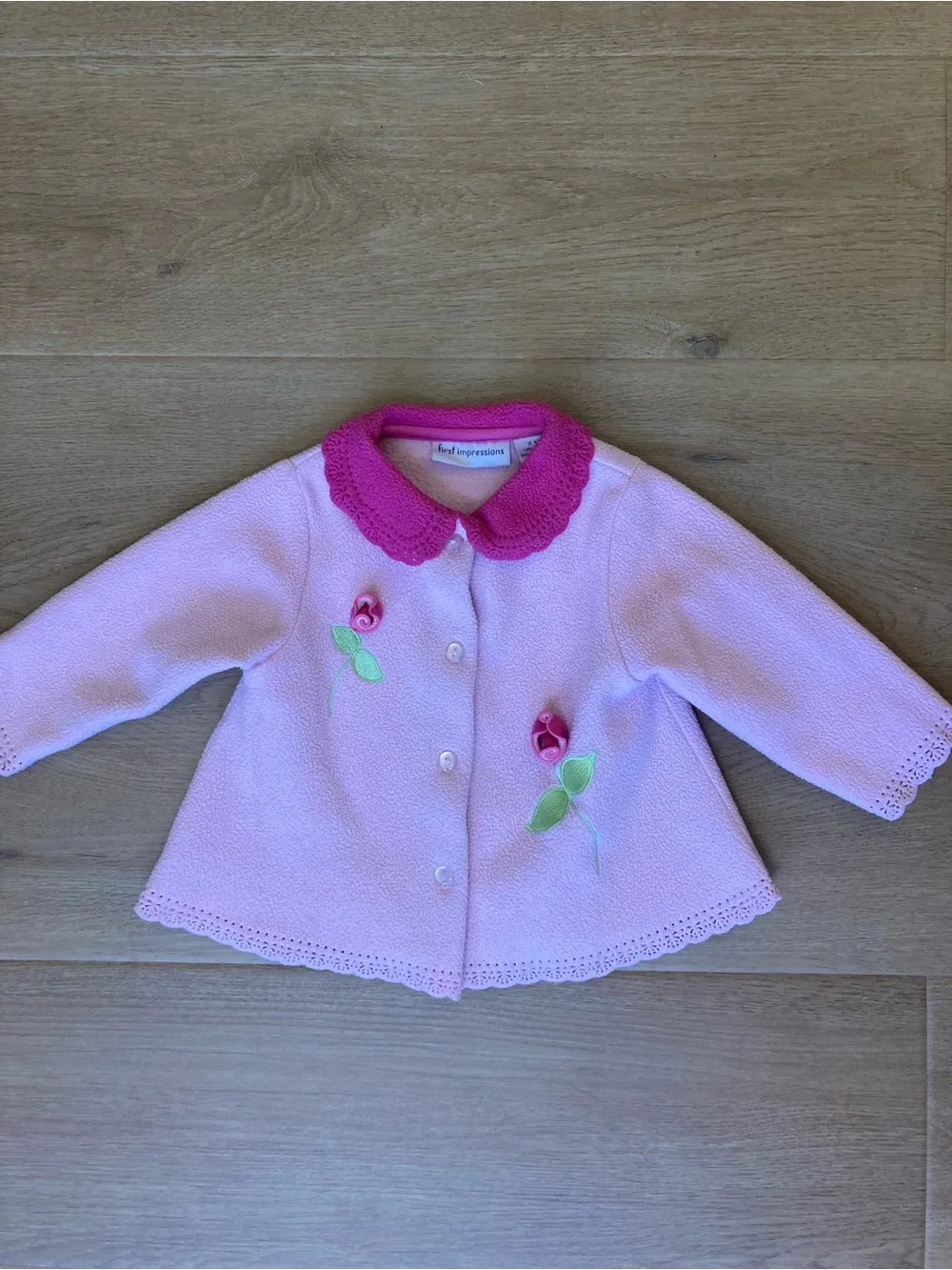 First Impressions Vintage Light Pink Fleece Jacket with Rose Details